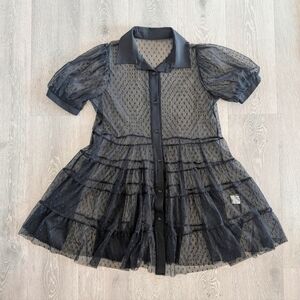 Black Mesh Polka Dot Button Down Collared Dress - OS